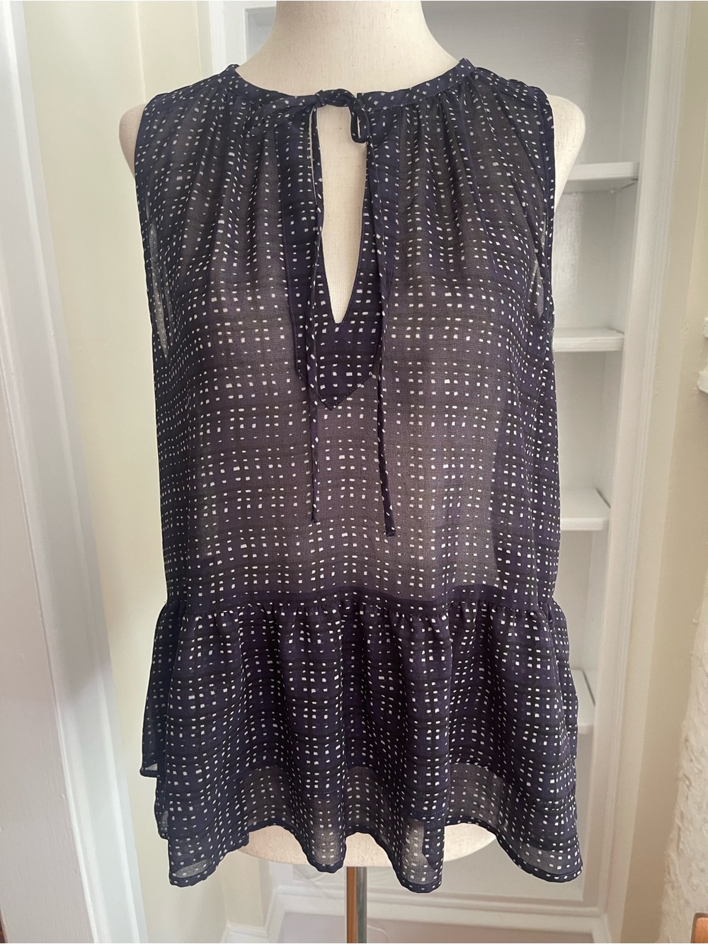 LOFT Small Sheer Navy Ruffle Peplum Keyhole Blouse